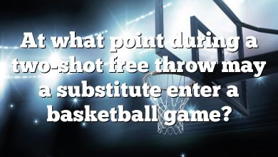 At what point during a two-shot free throw may a substitute enter a basketball game?