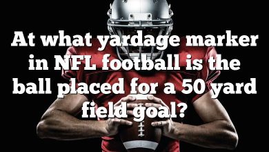 At what yardage marker in NFL football is the ball placed for a 50 yard field goal?