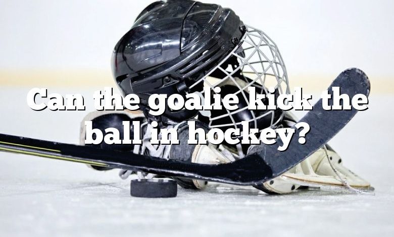 Can the goalie kick the ball in hockey?