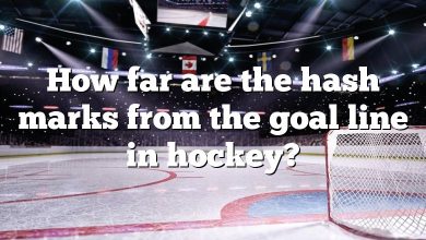 How far are the hash marks from the goal line in hockey?