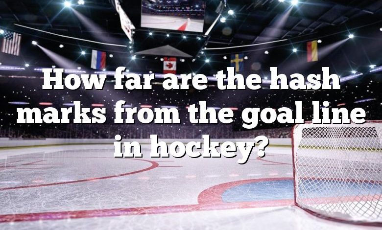 How far are the hash marks from the goal line in hockey?