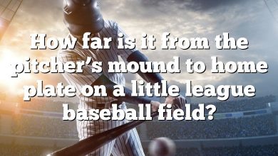 How far is it from the pitcher’s mound to home plate on a little league baseball field?