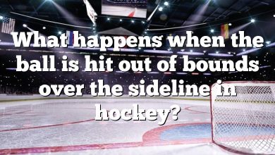 What happens when the ball is hit out of bounds over the sideline in hockey?