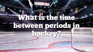 What is the time between periods in hockey?