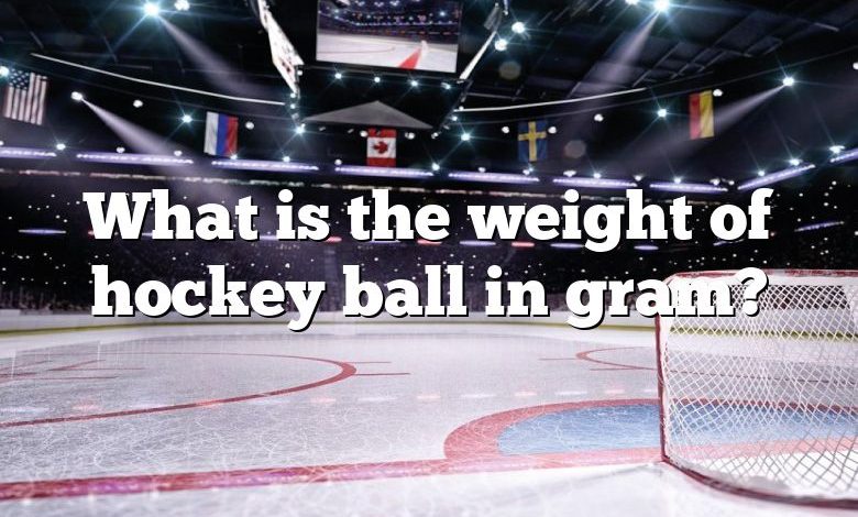 What is the weight of hockey ball in gram?