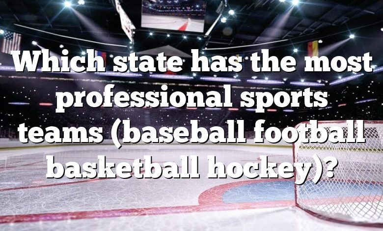Which state has the most professional sports teams (baseball football basketball hockey)?